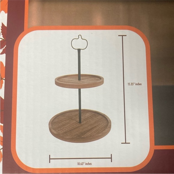 BNIB- Beautiful Decorative Two Tier Wooden Tray w/ Metal Pumpkin Top Handle - Picture 4 of 6